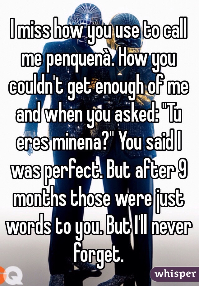 I miss how you use to call me penquenà. How you couldn't get enough of me and when you asked: "Tu eres minena?" You said I was perfect. But after 9 months those were just words to you. But I'll never forget. 