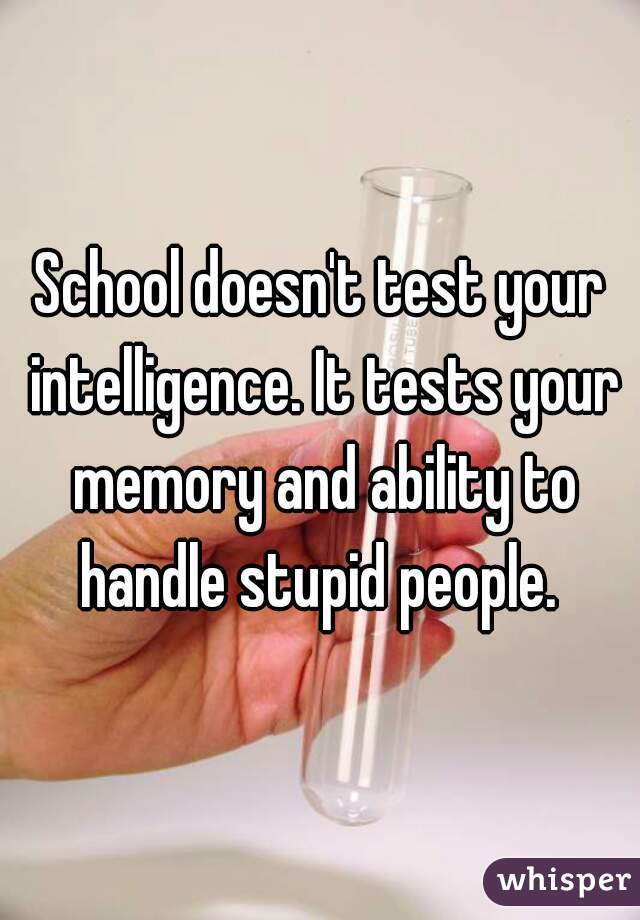 School doesn't test your intelligence. It tests your memory and ability to handle stupid people. 