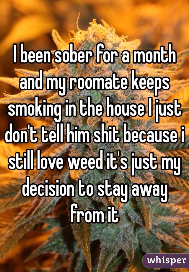 I been sober for a month and my roomate keeps smoking in the house I just don't tell him shit because i still love weed it's just my decision to stay away from it