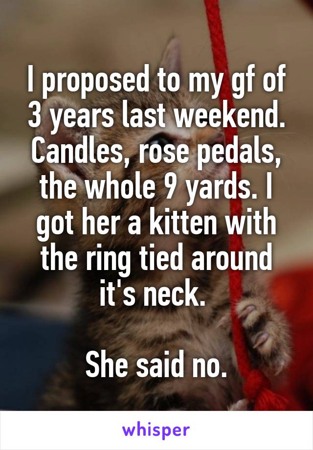 I proposed to my gf of 3 years last weekend. Candles, rose pedals, the whole 9 yards. I got her a kitten with the ring tied around it's neck. 

She said no.