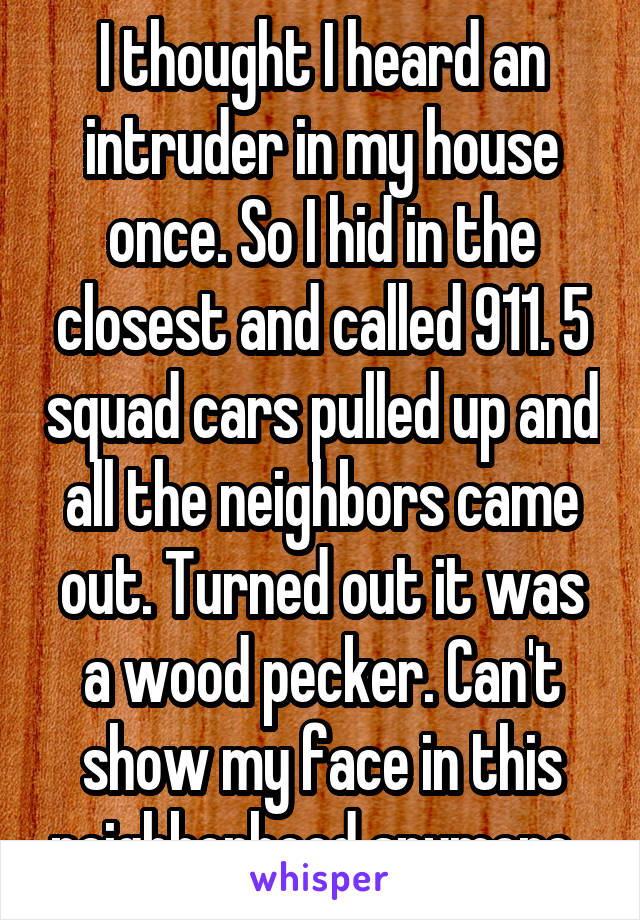 I thought I heard an intruder in my house once. So I hid in the closest and called 911. 5 squad cars pulled up and all the neighbors came out. Turned out it was a wood pecker. Can't show my face in this neighborhood anymore. 