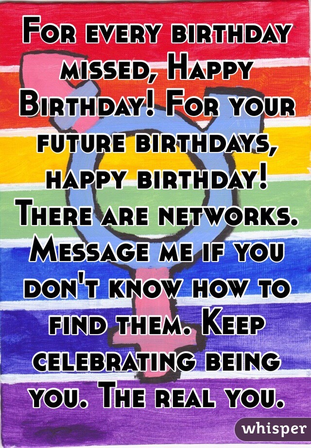 For every birthday missed, Happy Birthday! For your future birthdays, happy birthday!
There are networks. Message me if you don't know how to find them. Keep celebrating being you. The real you.