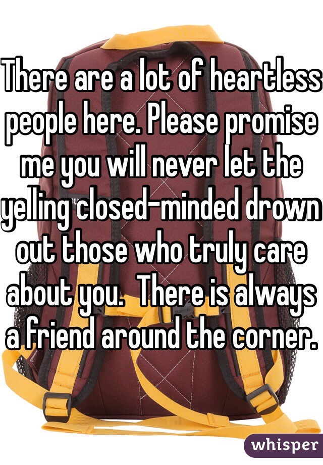 There are a lot of heartless people here. Please promise me you will never let the yelling closed-minded drown out those who truly care about you.  There is always a friend around the corner.