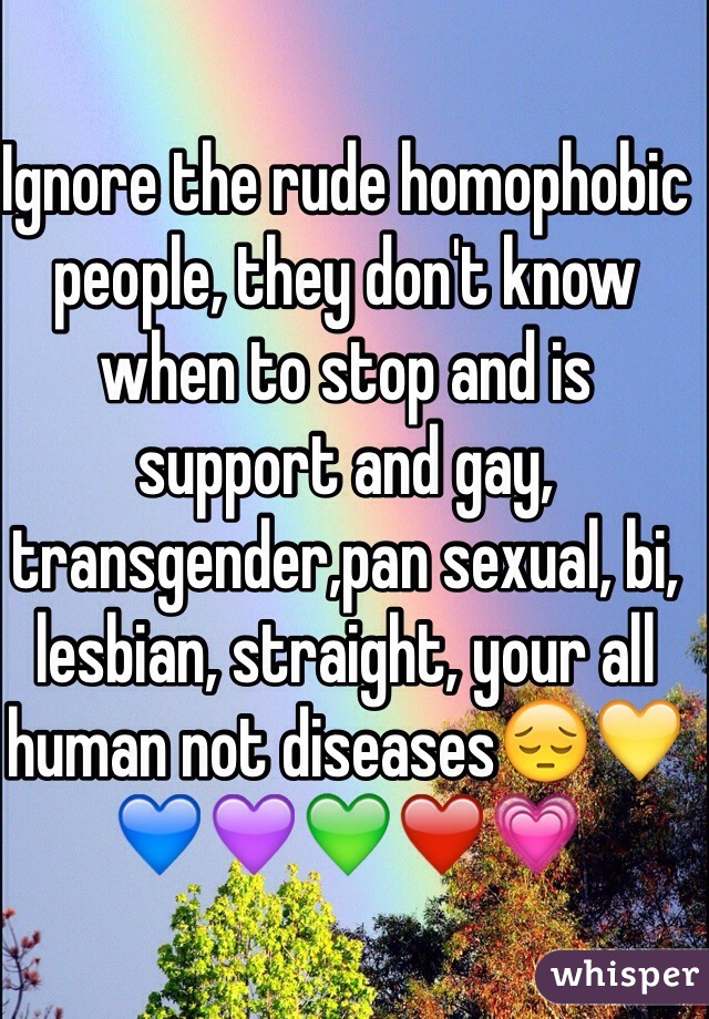 Ignore the rude homophobic people, they don't know when to stop and is support and gay, transgender,pan sexual, bi, lesbian, straight, your all human not diseases😔💛💙💜💚❤️💗