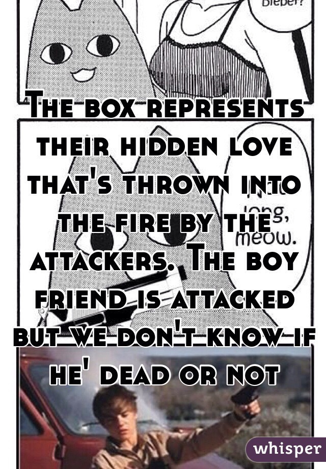 The box represents their hidden love that's thrown into the fire by the attackers. The boy friend is attacked but we don't know if he' dead or not