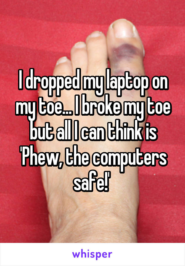 I dropped my laptop on my toe... I broke my toe but all I can think is 'Phew, the computers safe!' 