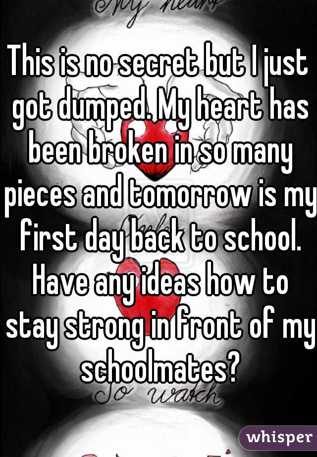 This is no secret but I just got dumped. My heart has been broken in so many pieces and tomorrow is my first day back to school. Have any ideas how to stay strong in front of my schoolmates?