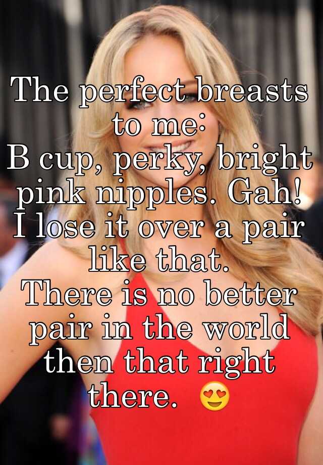 The perfect breasts to me: B cup, perky, bright pink nipples. Gah! I lose  it over a pair like that. There is no better pair in the world then that  right there.