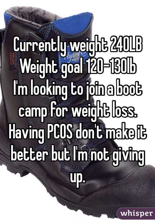 Currently weight 240LB
Weight goal 120-130lb 
 I'm looking to join a boot camp for weight loss. Having PCOS don't make it better but I'm not giving up.