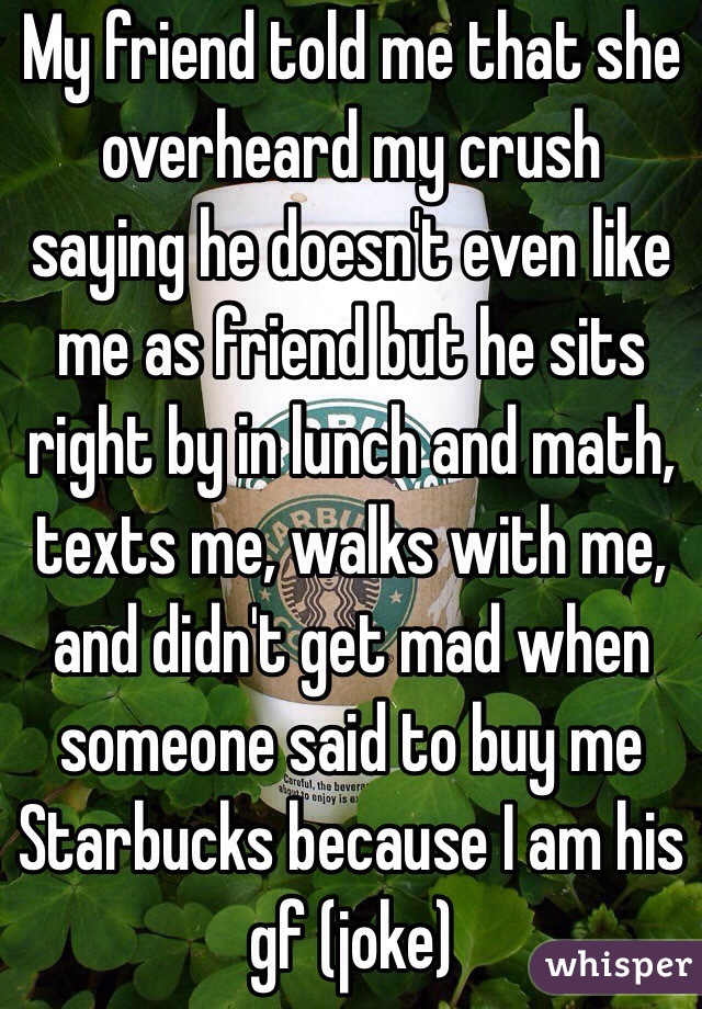 My friend told me that she overheard my crush saying he doesn't even like me as friend but he sits right by in lunch and math, texts me, walks with me, and didn't get mad when someone said to buy me Starbucks because I am his gf (joke)