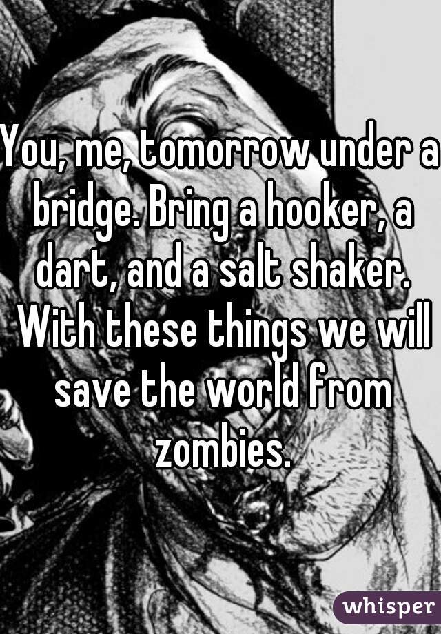You, me, tomorrow under a bridge. Bring a hooker, a dart, and a salt shaker. With these things we will save the world from zombies.