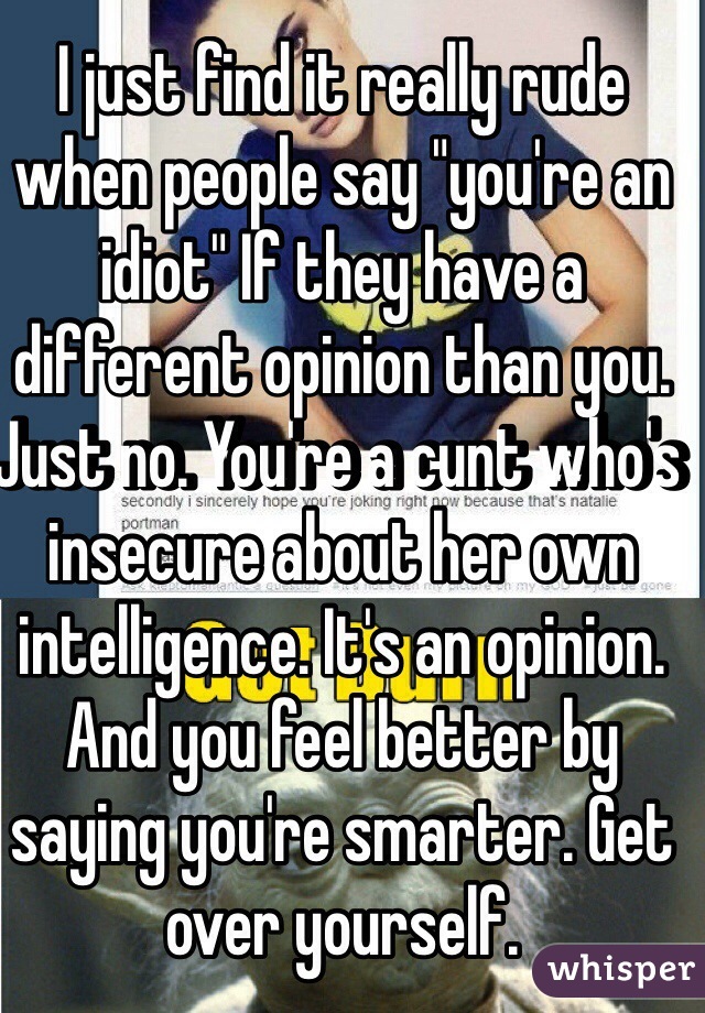 I just find it really rude when people say "you're an idiot" If they have a different opinion than you. Just no. You're a cunt who's insecure about her own intelligence. It's an opinion. And you feel better by saying you're smarter. Get over yourself. 