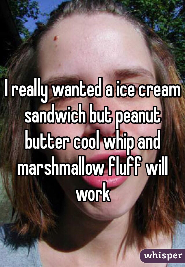 I really wanted a ice cream  sandwich but peanut butter cool whip and marshmallow fluff will work 
