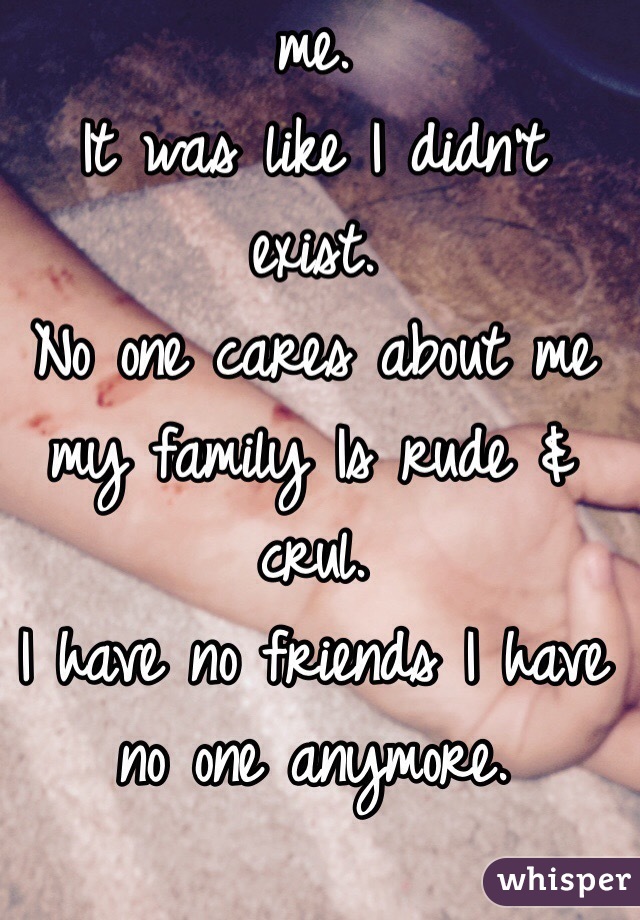 It was like no one gave a shit. 
It was like no one seen me.
It was like I didn't exist.
No one cares about me my family Is rude & crul.
I have no friends I have no one anymore.
