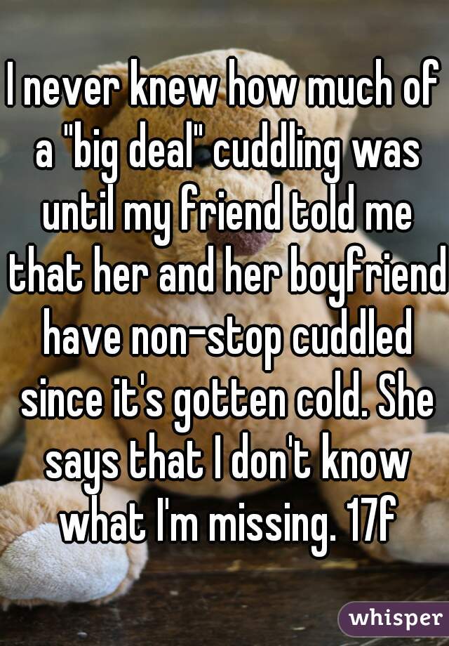 I never knew how much of a "big deal" cuddling was until my friend told me that her and her boyfriend have non-stop cuddled since it's gotten cold. She says that I don't know what I'm missing. 17f