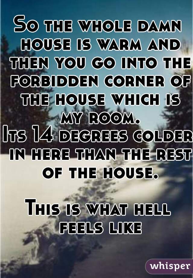 So the whole damn house is warm and then you go into the forbidden corner of the house which is my room.
Its 14 degrees colder in here than the rest of the house.

This is what hell feels like
