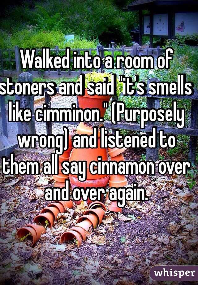 Walked into a room of stoners and said "it's smells like cimminon." (Purposely wrong) and listened to them all say cinnamon over and over again.
