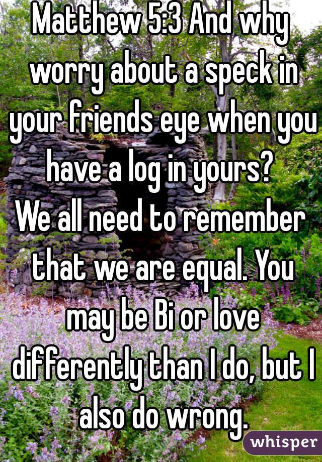 Matthew 5:3 And why worry about a speck in your friends eye when you have a log in yours? 

We all need to remember that we are equal. You may be Bi or love differently than I do, but I also do wrong.