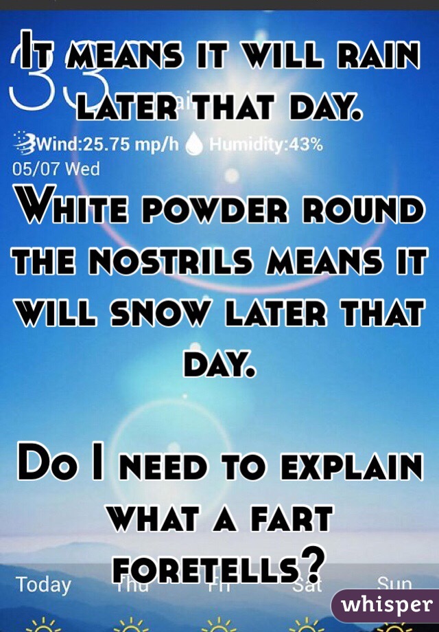 It means it will rain later that day. 

White powder round the nostrils means it will snow later that day. 

Do I need to explain what a fart foretells?