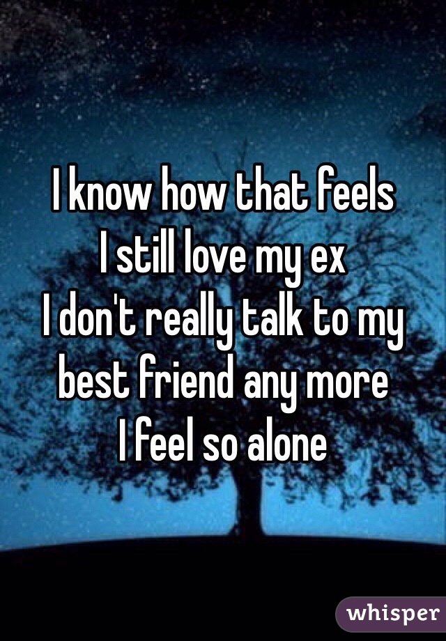 I know how that feels 
I still love my ex 
I don't really talk to my best friend any more 
I feel so alone 