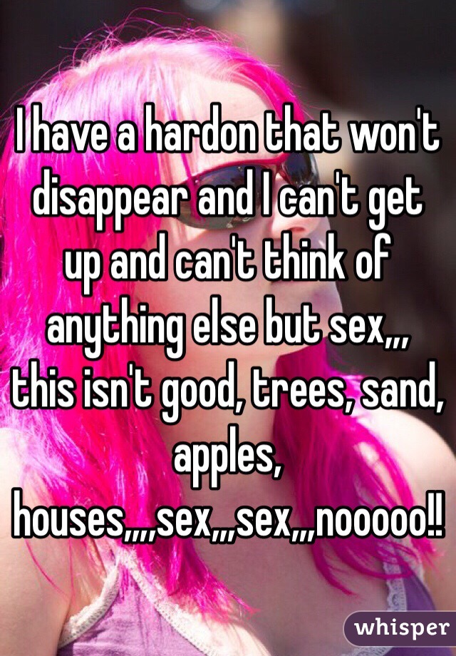 I have a hardon that won't disappear and I can't get up and can't think of anything else but sex,,, this isn't good, trees, sand, apples, houses,,,,sex,,,sex,,,nooooo!!