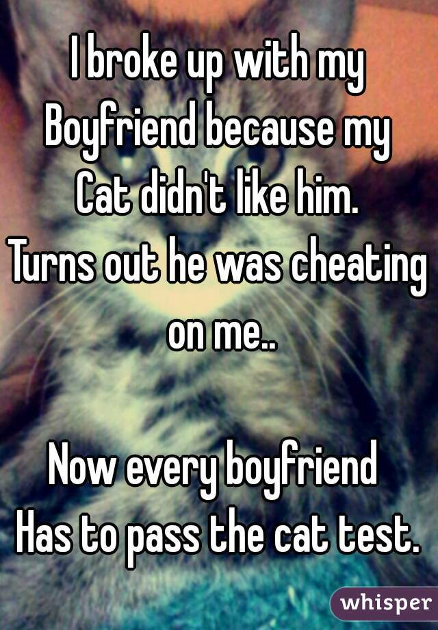 I broke up with my
Boyfriend because my
Cat didn't like him.
Turns out he was cheating on me..

Now every boyfriend 
Has to pass the cat test.