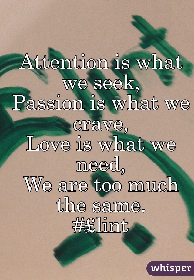 Attention is what we seek,
Passion is what we crave,
Love is what we need,
We are too much the same.
#£lint