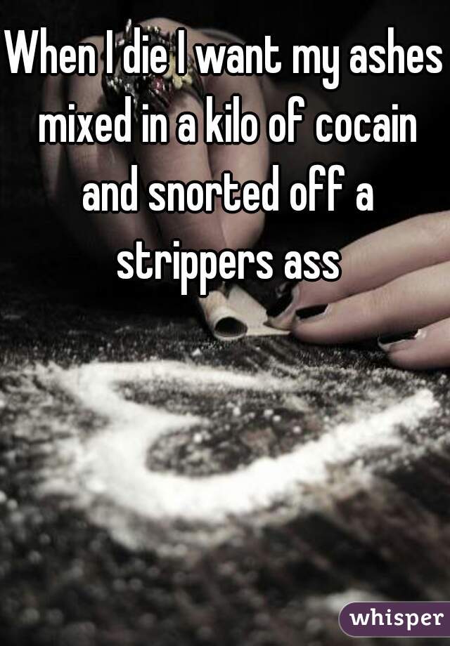 When I die I want my ashes mixed in a kilo of cocain and snorted off a strippers ass