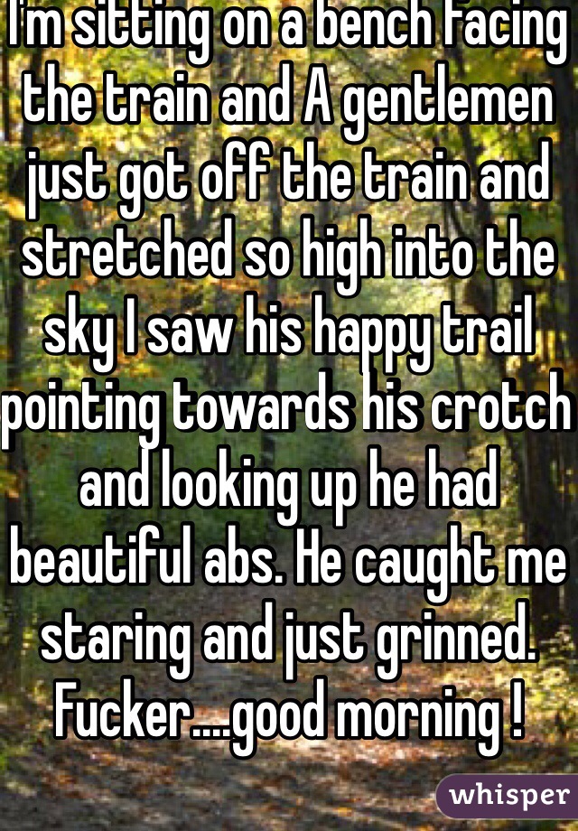 I'm sitting on a bench facing the train and A gentlemen just got off the train and stretched so high into the sky I saw his happy trail pointing towards his crotch and looking up he had beautiful abs. He caught me staring and just grinned. Fucker....good morning ! 