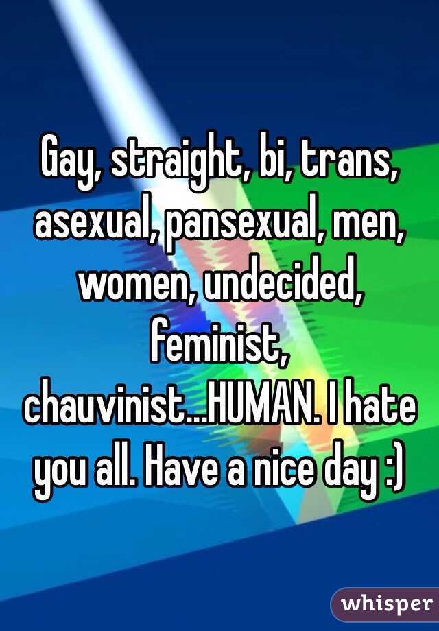 Gay, straight, bi, trans, asexual, pansexual, men, women, undecided, feminist, chauvinist...HUMAN. I hate you all. Have a nice day :)