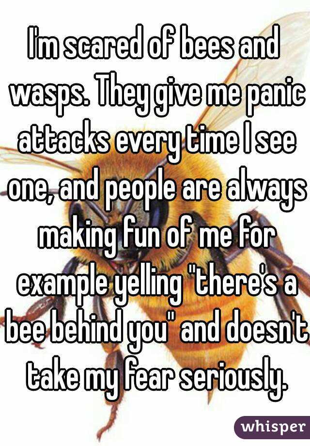 I'm scared of bees and wasps. They give me panic attacks every time I see one, and people are always making fun of me for example yelling "there's a bee behind you" and doesn't take my fear seriously.