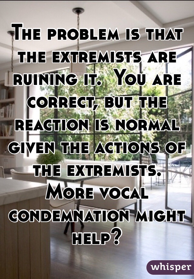 The problem is that the extremists are ruining it.  You are correct, but the reaction is normal given the actions of the extremists.  More vocal condemnation might help?