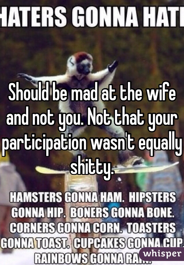 Should be mad at the wife and not you. Not that your participation wasn't equally shitty. 