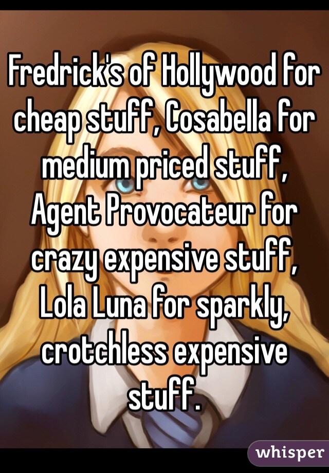 Fredrick's of Hollywood for cheap stuff, Cosabella for medium priced stuff, Agent Provocateur for crazy expensive stuff, Lola Luna for sparkly, crotchless expensive stuff.