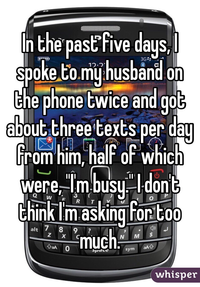 In the past five days, I spoke to my husband on the phone twice and got about three texts per day from him, half of which were, "I'm busy." I don't think I'm asking for too much. 