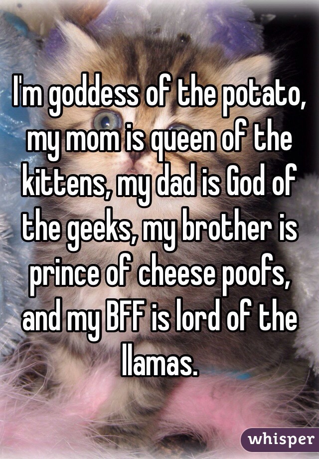 I'm goddess of the potato, my mom is queen of the kittens, my dad is God of the geeks, my brother is prince of cheese poofs, and my BFF is lord of the llamas.