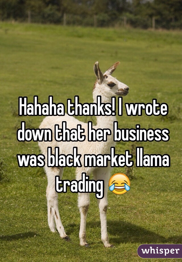 Hahaha thanks! I wrote down that her business was black market llama trading 😂