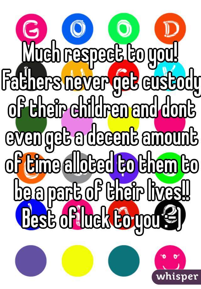 Much respect to you! Fathers never get custody of their children and dont even get a decent amount of time alloted to them to be a part of their lives!! Best of luck to you :-)