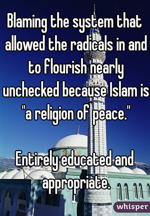 Blaming the system that allowed the radicals in and to flourish nearly unchecked because Islam is "a religion of peace."

Entirely educated and appropriate.