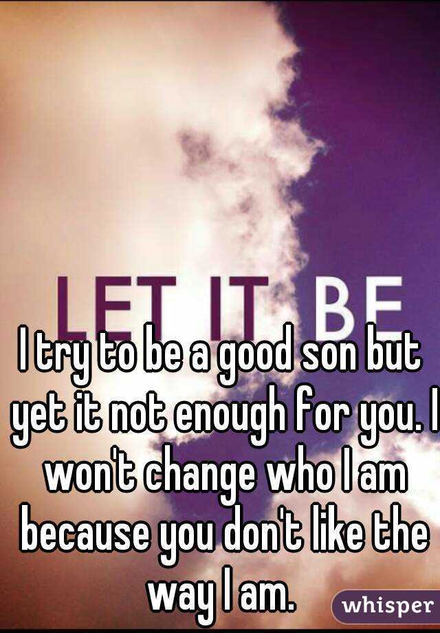 I try to be a good son but yet it not enough for you. I won't change who I am because you don't like the way I am. 