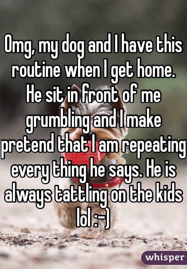 Omg, my dog and I have this routine when I get home.  He sit in front of me grumbling and I make pretend that I am repeating every thing he says. He is always tattling on the kids lol :-)