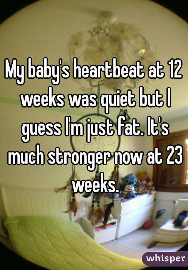 My baby's heartbeat at 12 weeks was quiet but I guess I'm just fat. It's much stronger now at 23 weeks.