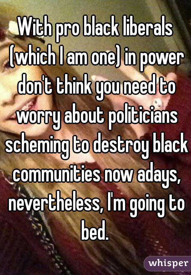 With pro black liberals (which I am one) in power don't think you need to worry about politicians scheming to destroy black communities now adays, nevertheless, I'm going to bed. 