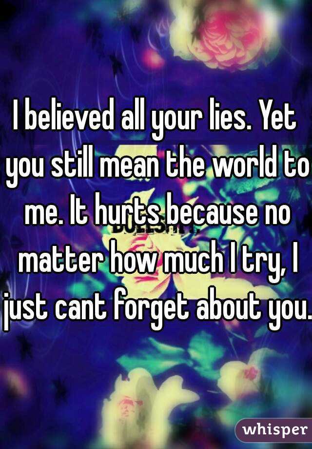 I believed all your lies. Yet you still mean the world to me. It hurts because no matter how much I try, I just cant forget about you.