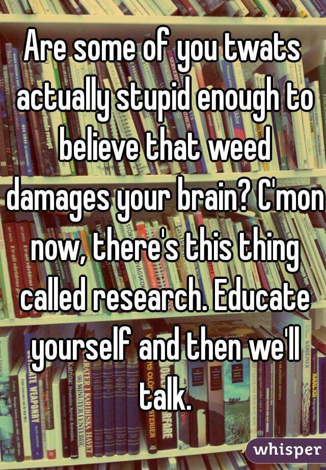 Are some of you twats actually stupid enough to believe that weed damages your brain? C'mon now, there's this thing called research. Educate yourself and then we'll talk.