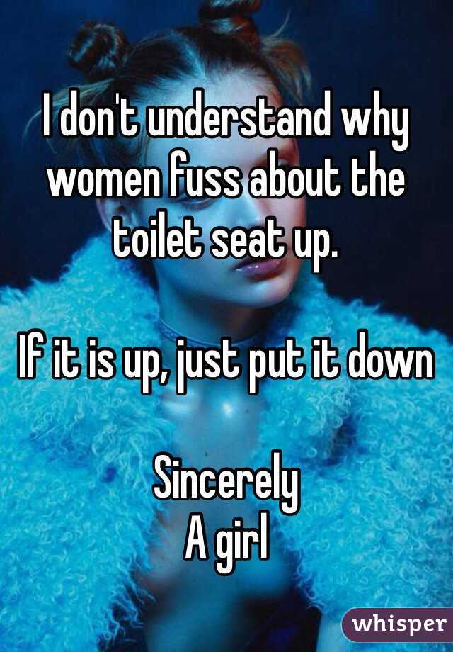 I don't understand why women fuss about the toilet seat up. 

If it is up, just put it down 

Sincerely
A girl 