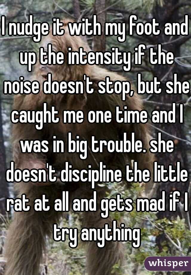 I nudge it with my foot and up the intensity if the noise doesn't stop, but she caught me one time and I was in big trouble. she doesn't discipline the little rat at all and gets mad if I try anything