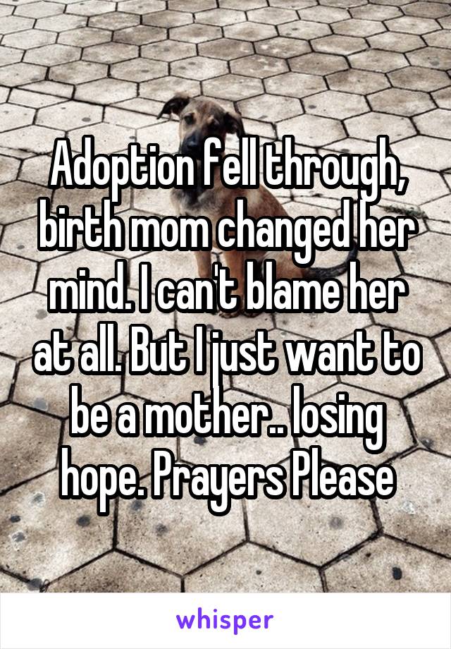 Adoption fell through, birth mom changed her mind. I can't blame her at all. But I just want to be a mother.. losing hope. Prayers Please