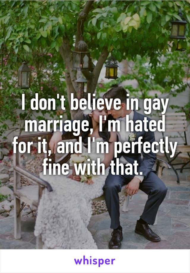 I don't believe in gay marriage, I'm hated for it, and I'm perfectly fine with that. 