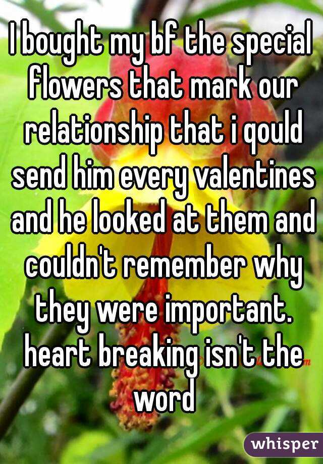 I bought my bf the special flowers that mark our relationship that i qould send him every valentines and he looked at them and couldn't remember why they were important. heart breaking isn't the word